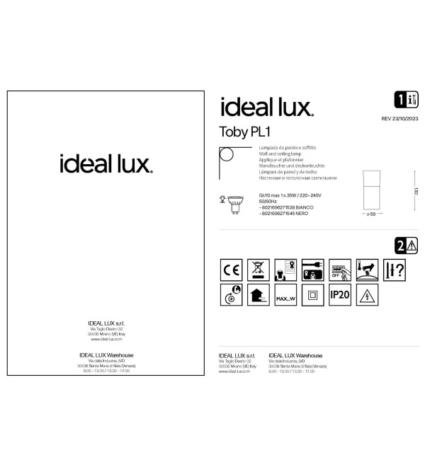 Светильник потолочный Ideal Lux Toby PL1 Белый GU10 271538