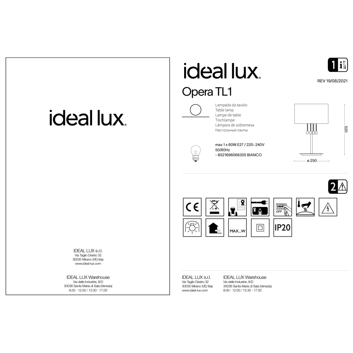 Лампа настольная Ideal Lux Opera TL1 Белый E27 068305