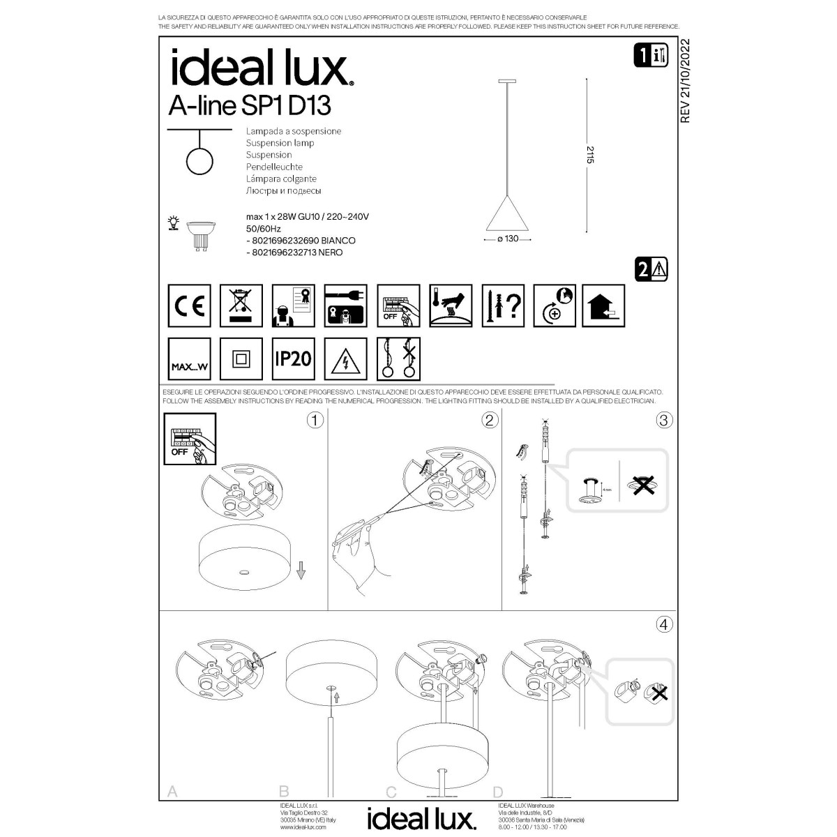 Светильник подвесной Ideal Lux A-line SP1 D30 Белый E27 232720