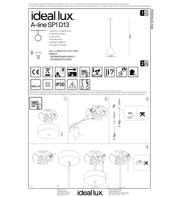 Светильник подвесной Ideal Lux A-line SP1 D30 Белый E27 232720