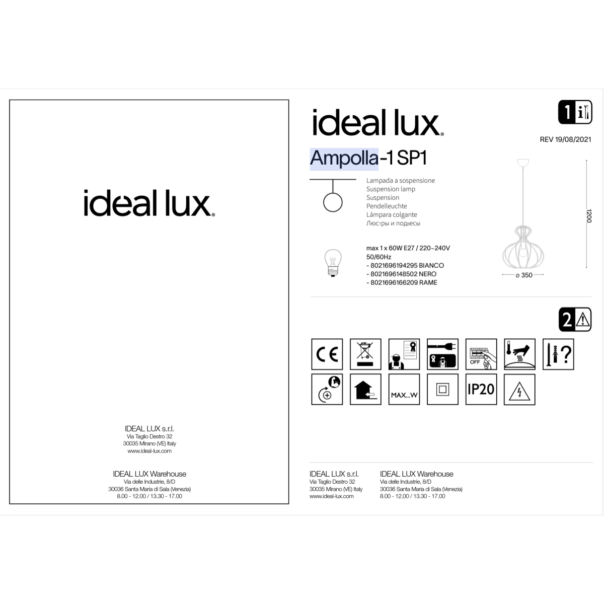 Светильник подвесной Ideal Lux Ampolla-1 SP1 Черный E27 148502