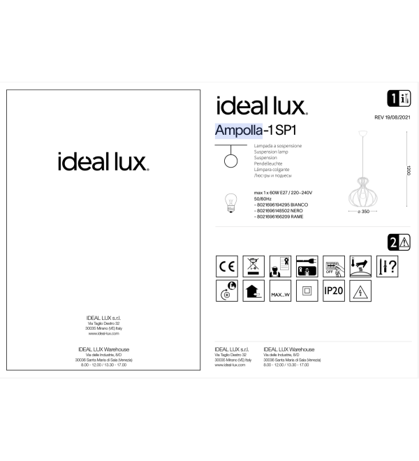 Светильник подвесной Ideal Lux Ampolla-1 SP1 Черный E27 148502