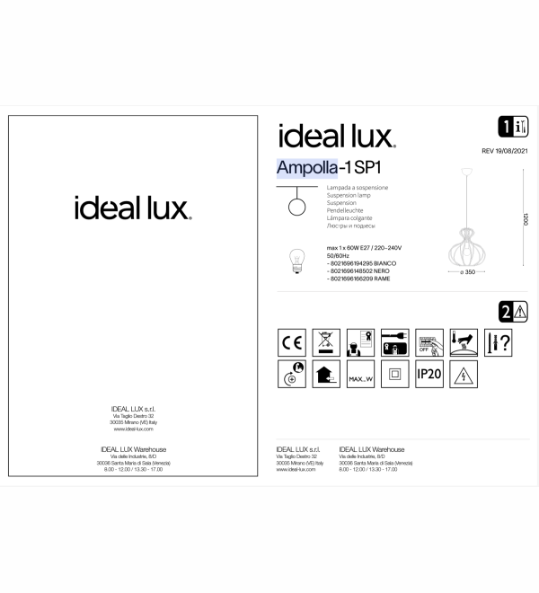 Светильник подвесной Ideal Lux Ampolla-1 SP1 Черный E27 148502