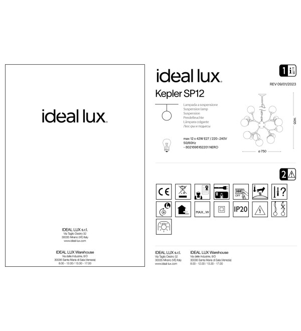 Люстра подвесная Ideal Lux Kepler SP12 Черный E27 162201