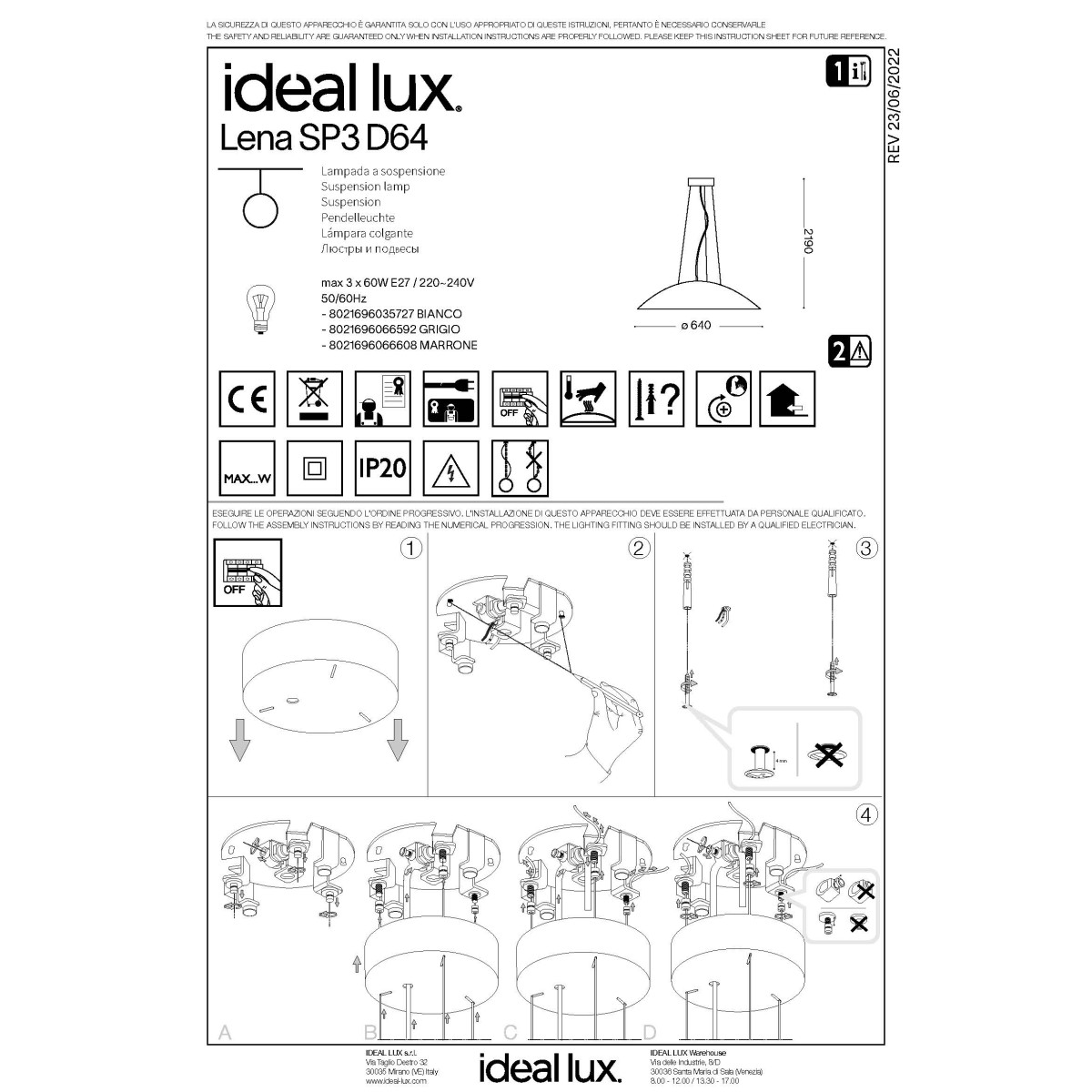Люстра подвесная Ideal Lux Lena SP3 D64 Белый E27 035727