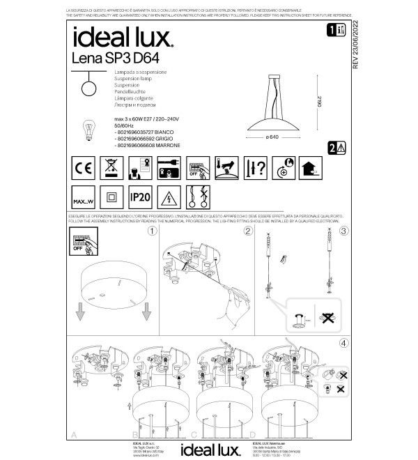 Люстра подвесная Ideal Lux Lena SP3 D64 Белый E27 035727