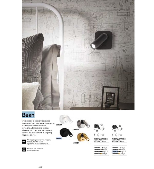 Светильник настенный Ideal Lux Bean AP Round Черный 3000К 260617