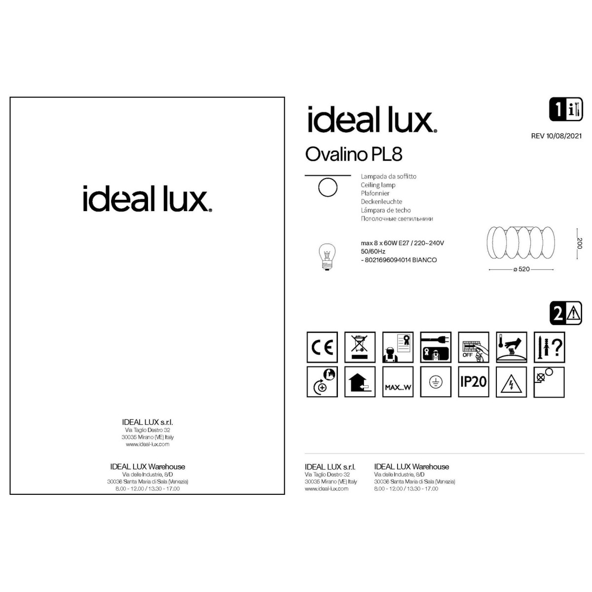 Люстра потолочная Ideal Lux Ovalino PL8 Белый E27 094014