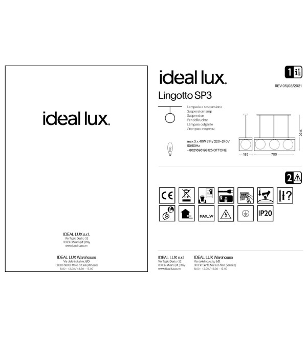 Люстра подвесная Ideal Lux Lingotto SP3 Латунь E14 198125