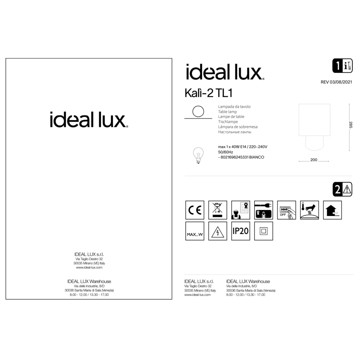 Лампа настольная Ideal Lux Kali-2 TL1 Белый Керамика E14 245331