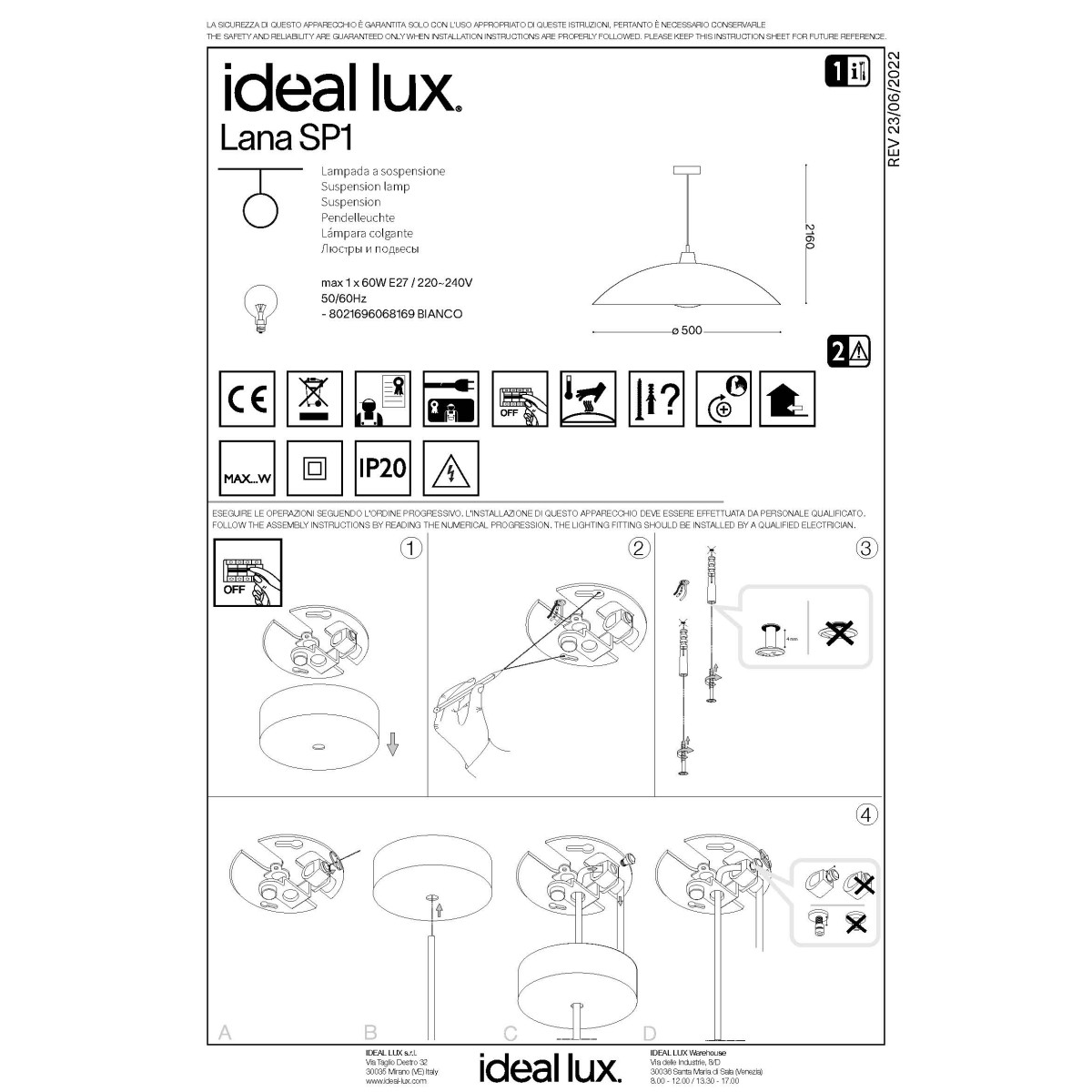 Светильник подвесной Ideal Lux Lana SP1 Белый / Трафаретная печать E27 068169