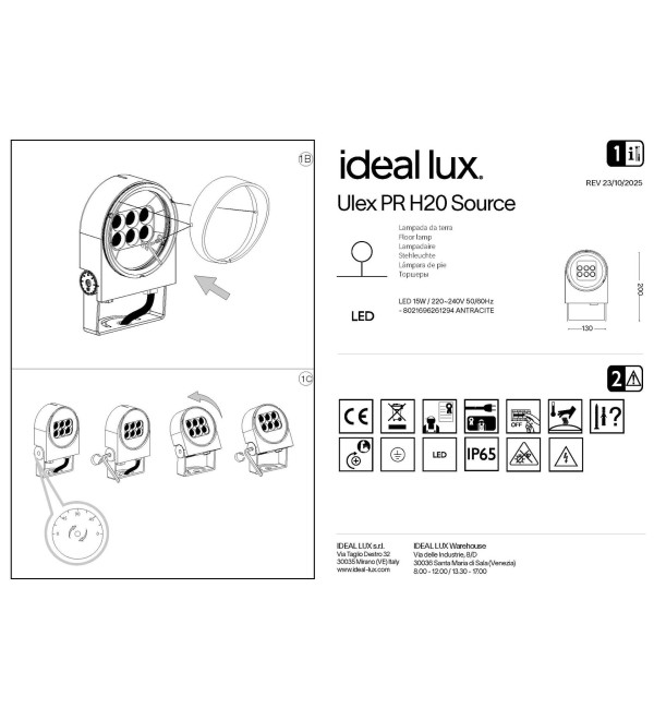 Прожектор уличный Ideal Lux Ulex PR H20 Антрацит 3000К LED 261294
