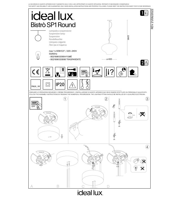 Светильник подвесной Ideal Lux Bistro SP1 Round E27 Прозрачный 120898