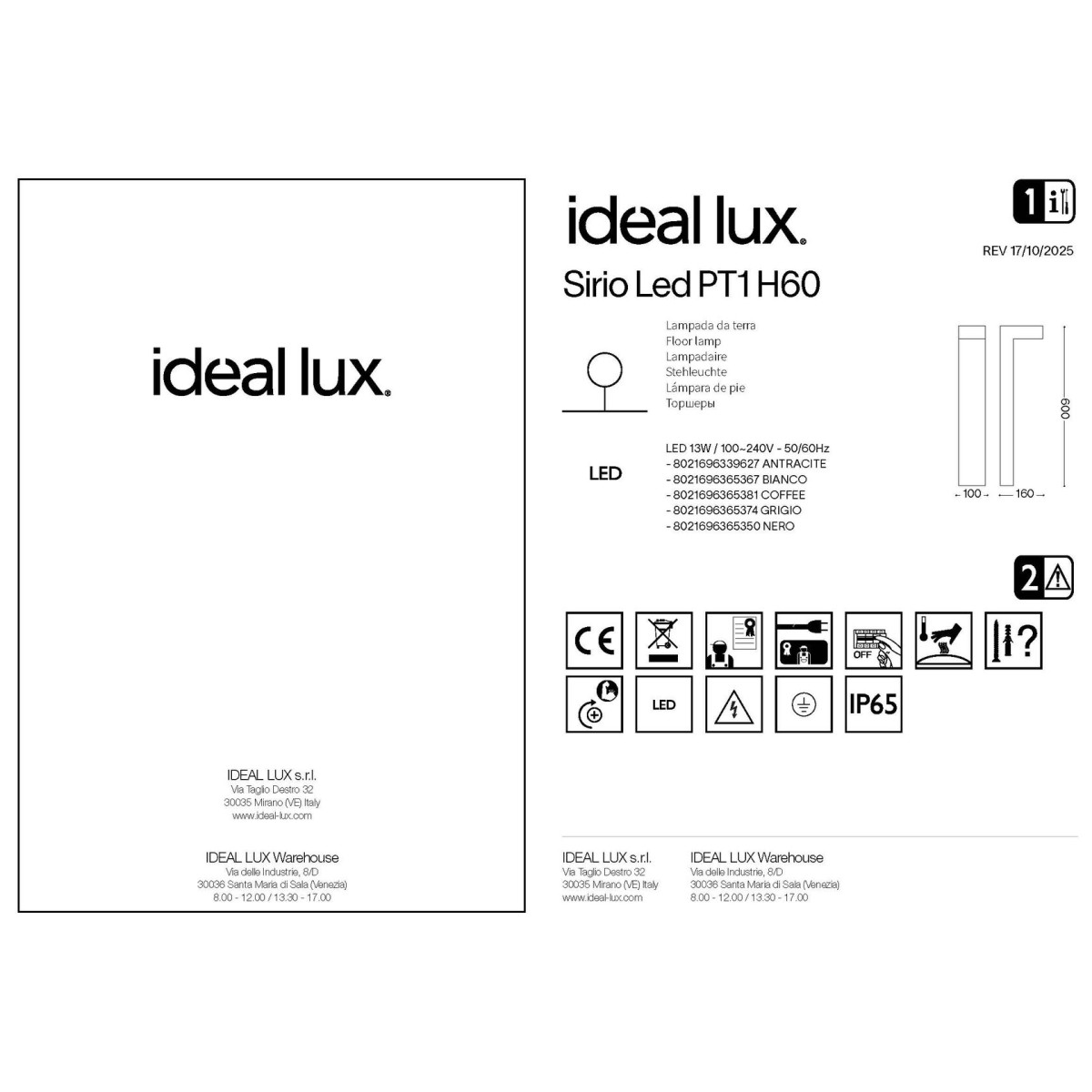 Светильник садово-парковый Ideal Lux Sirio LED PT1 H60 Серый 3000К LED 365374