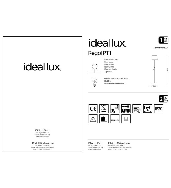 Торшер напольный Ideal Lux Regol PT1 Белый E27 014609