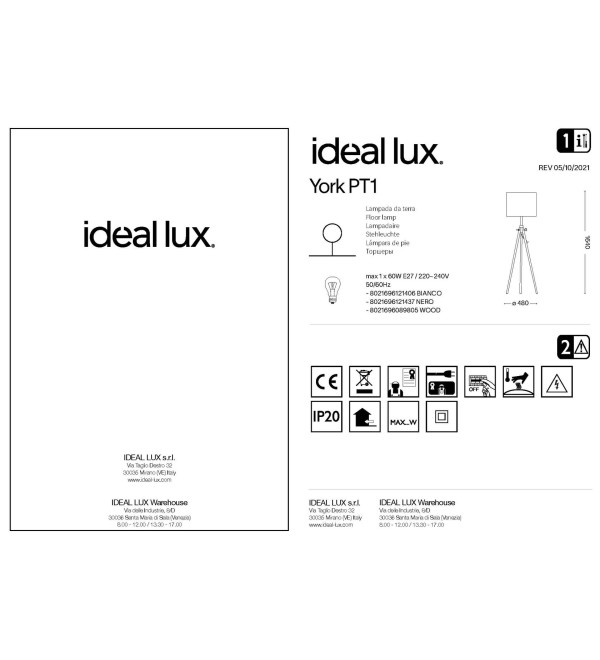 Торшер напольный Ideal Lux York PT1 Черный E27 121437