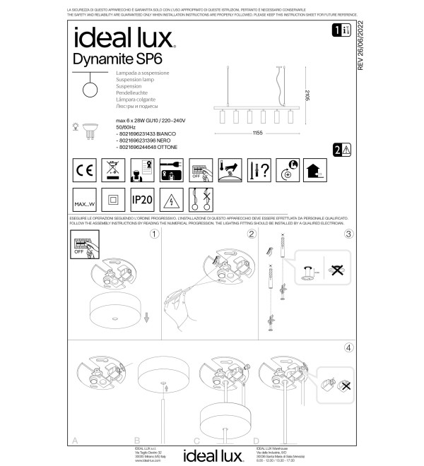 Светильник подвесной Ideal Lux Dynamite SP6 Черный GU10 231396