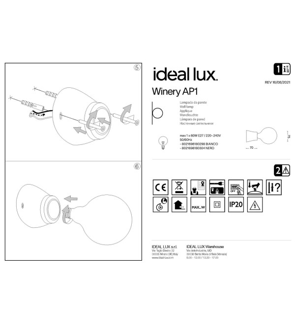 Светильник настенный Ideal Lux Winery AP1 Черный Керамика E27 180304