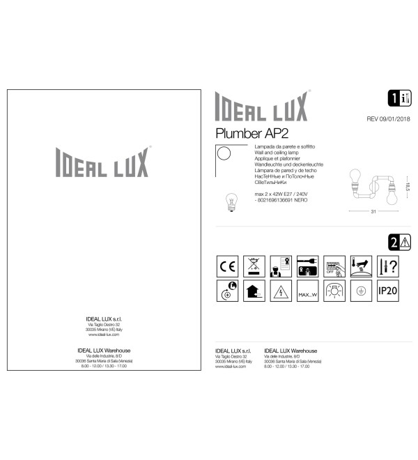 Светильник настенный Ideal Lux Plumber AP2 Черный E27 136691