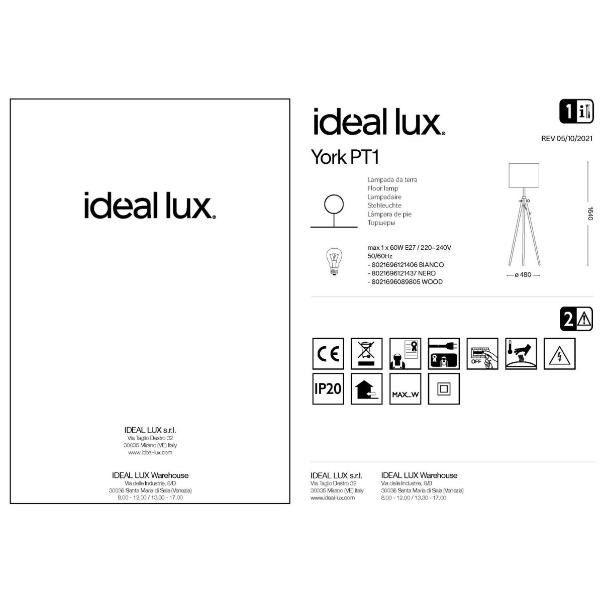 Торшер напольный Ideal Lux York PT1 Белый E27 121406