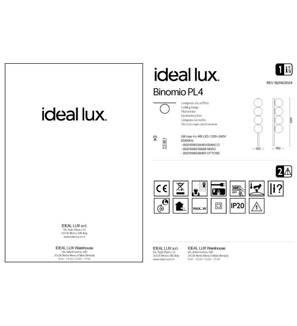Люстра потолочная Ideal Lux Binomio PL4 Черный G9 310688
