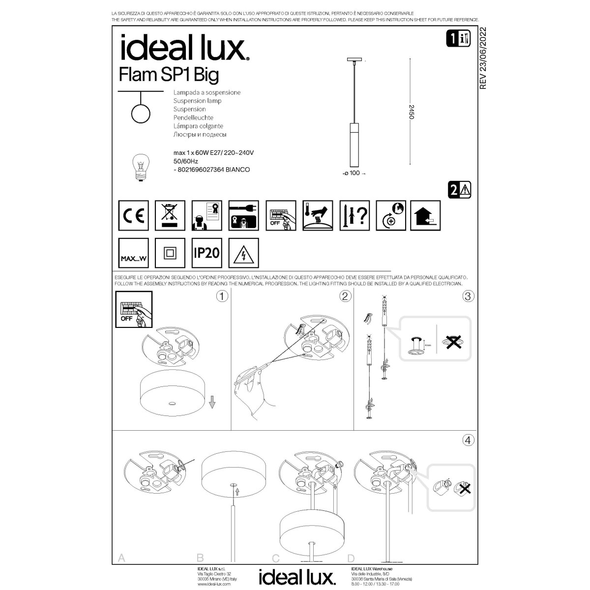 Светильник подвесной Ideal Lux Flam SP1 big E27 Матовый 027364