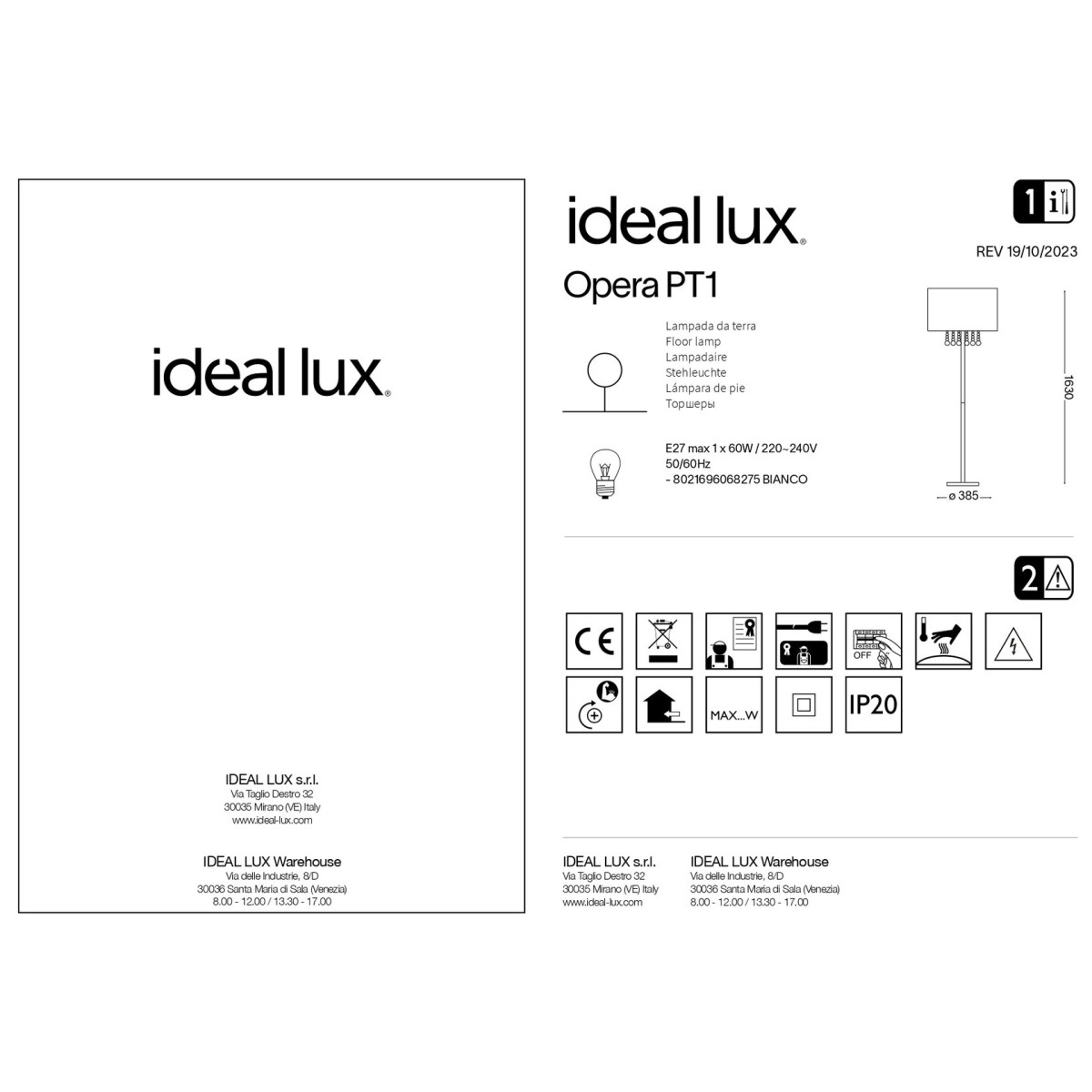 Торшер напольный Ideal Lux Opera PT1 Белый E27 068275