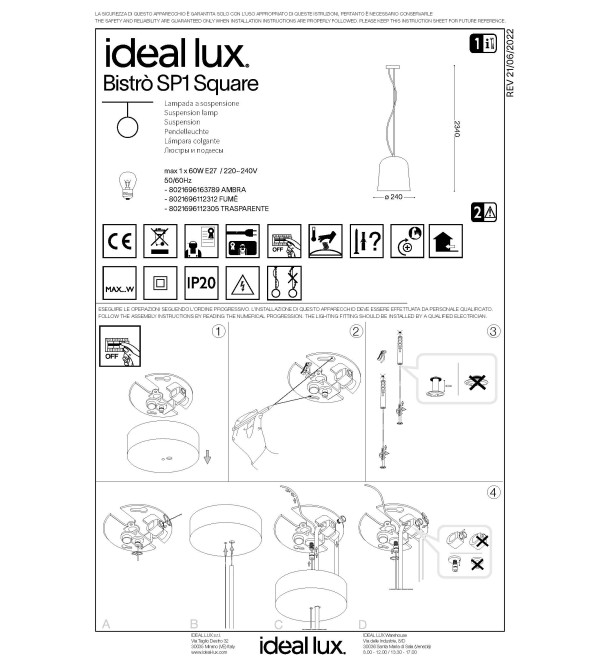 Светильник подвесной Ideal Lux Bistro SP1 Square Прозрачный E27 112305