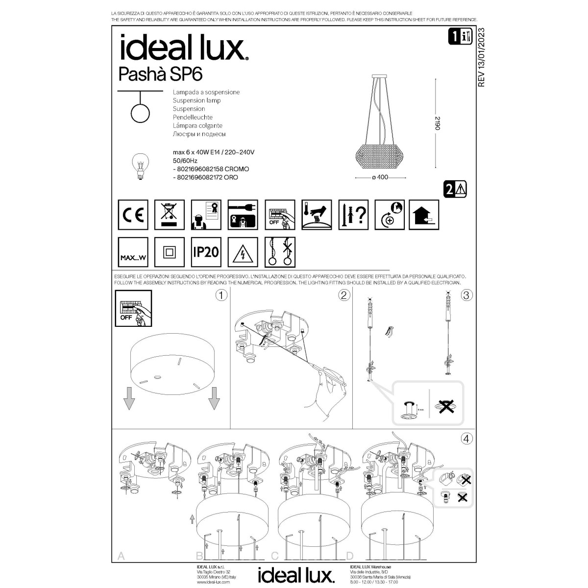 Люстра подвесная Ideal Lux Pasha SP6 Хром T14 082158
