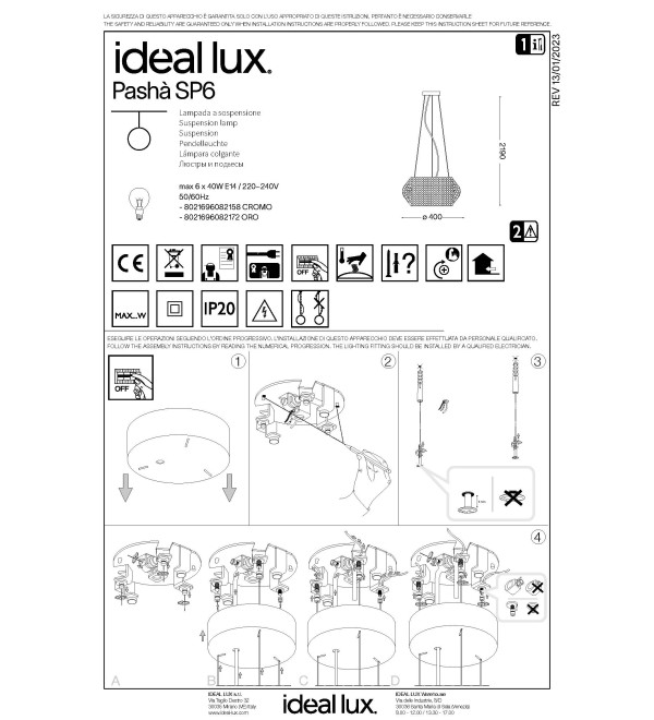 Люстра подвесная Ideal Lux Pasha SP6 Хром T14 082158