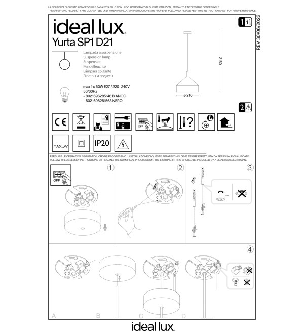 Светильник подвесной Ideal Lux Yurta SP1 D21 Белый E27 285146