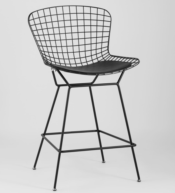 Стул полубарный с низкой спинкой Bertoia черный с черной подушкой
