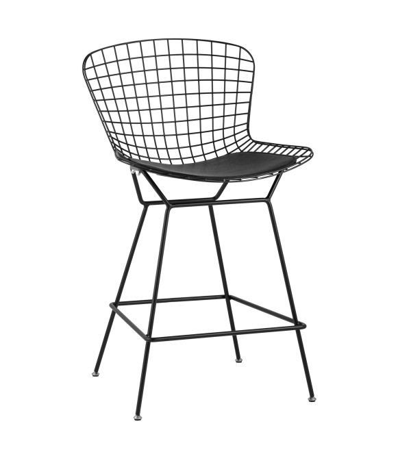 Стул полубарный с низкой спинкой Bertoia черный с черной подушкой