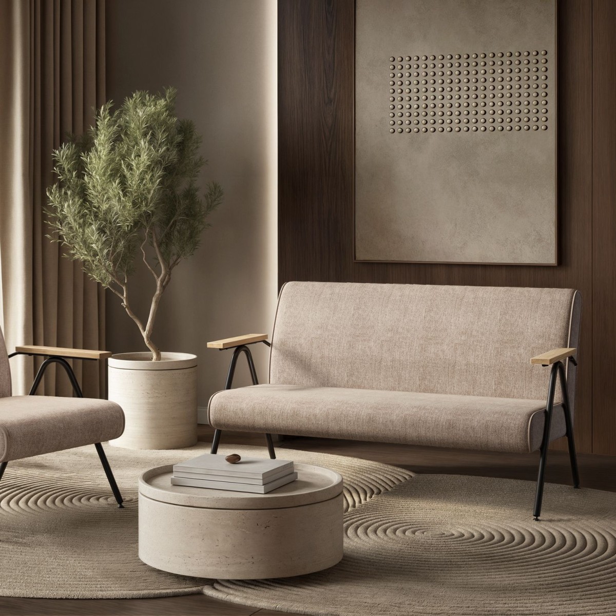 Энди диван двухместный с деревянными подлокотниками, шенилл Shantal beige
