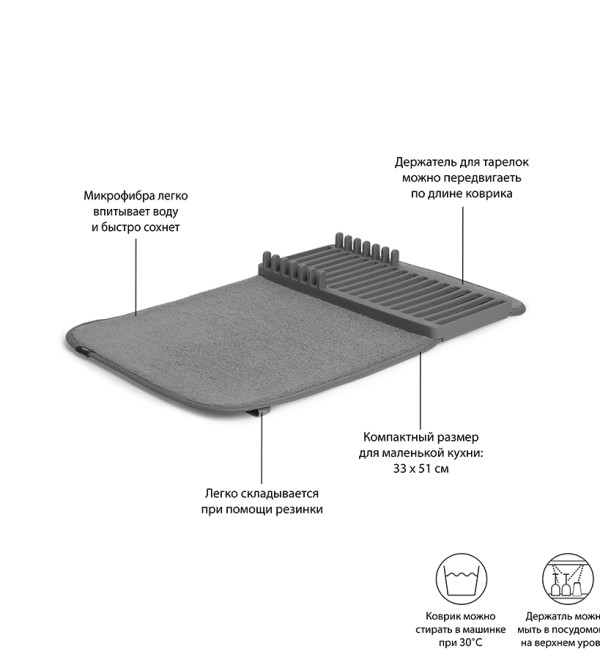 Коврик для сушки посуды udry, 33x50,8 см, темно-серый
