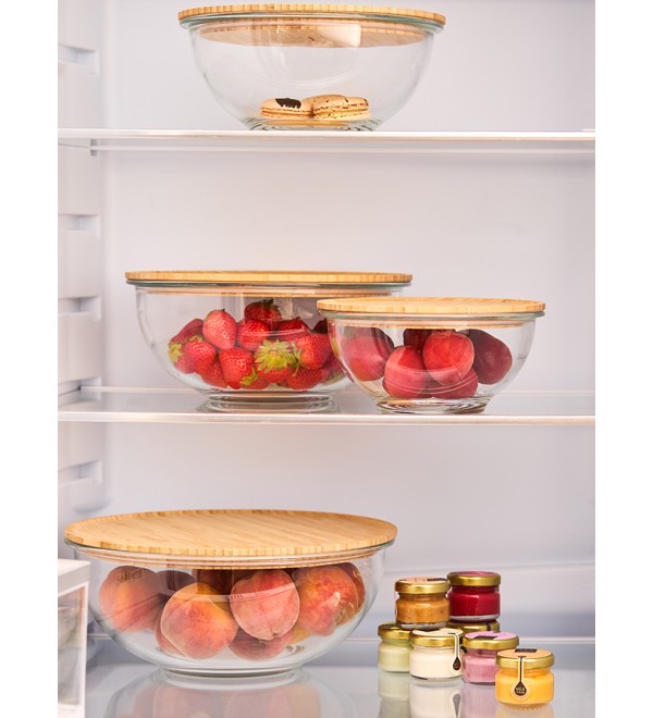 Набор из 4-х стеклянных мисок eco store с крышками из бамбука