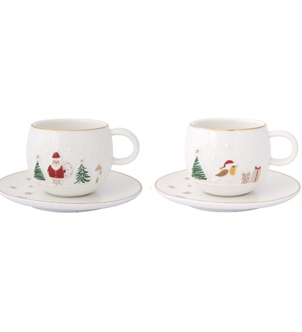 Набор кофейных чашек с блюдцем let it snow, santa & bird, 120 мл, 2 шт.