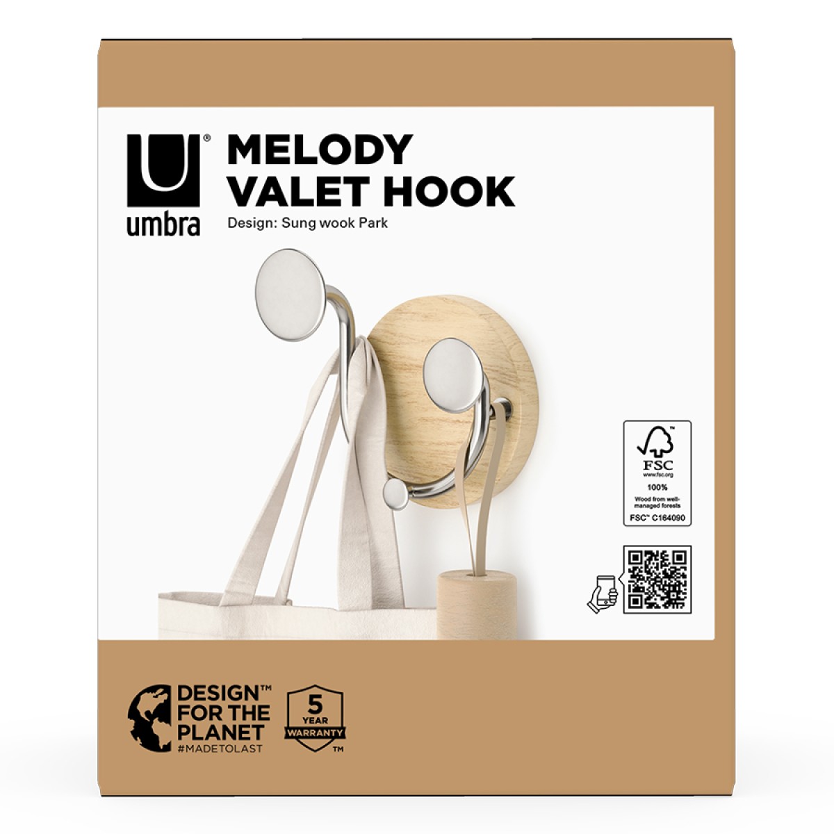 Вешалка настенная melody, 2 крючка, натуральное дерево/никель