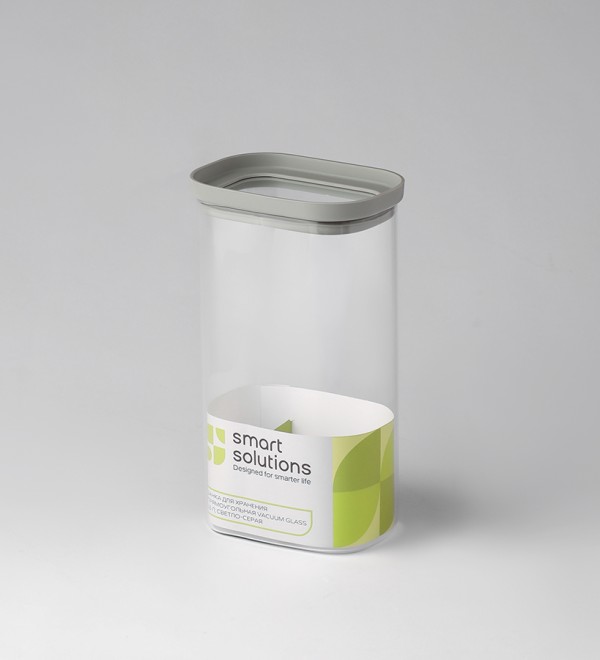 Банка для хранения прямоугольная vacuum glass, 1,5 л, светло-серая