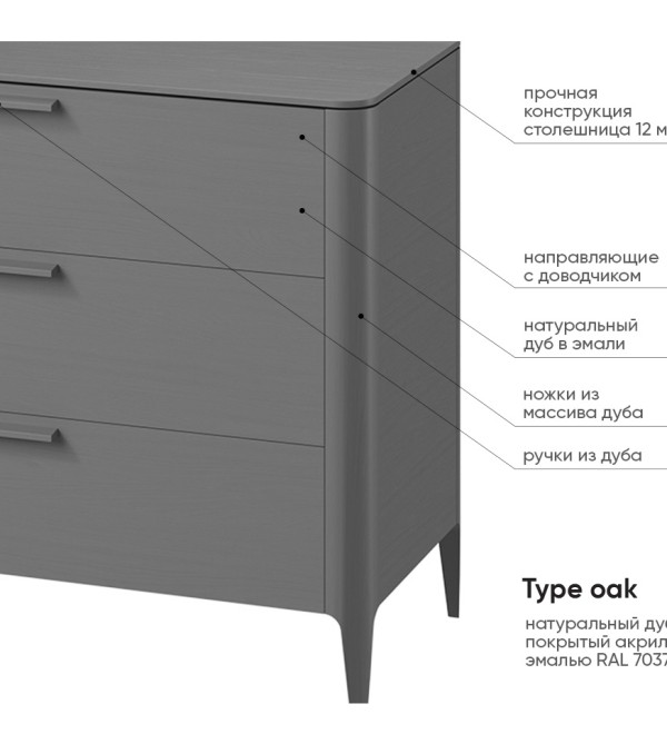 Комод Type oak 3 ящика ширина 90 см (серый)