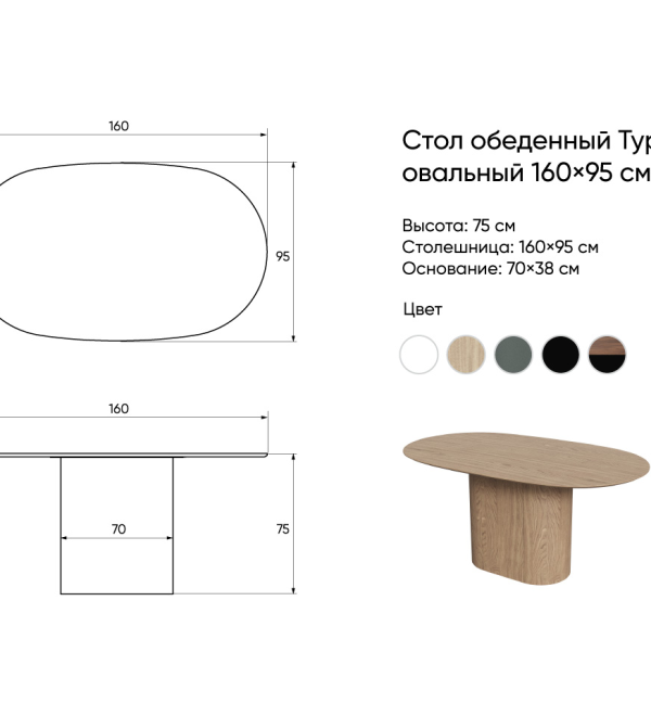 Стол обеденный Type овальный 160*95 см (натуральный дуб, черный)