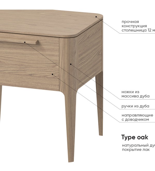 Тумба прикроватная Type oak 2 ящика ширина 60 см (натуральный дуб)