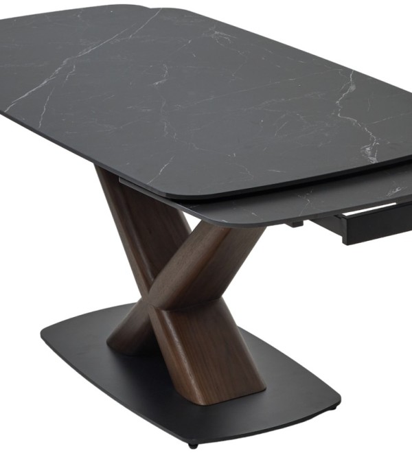 Стол БЛАНКО (BLANCO) 160 цвет ЧЕРНЫЙ МРАМОР МАТОВЫЙ (MATT BLACK MARBLE SOLID CERAMIC / ОРЕХ, ®DISAUR