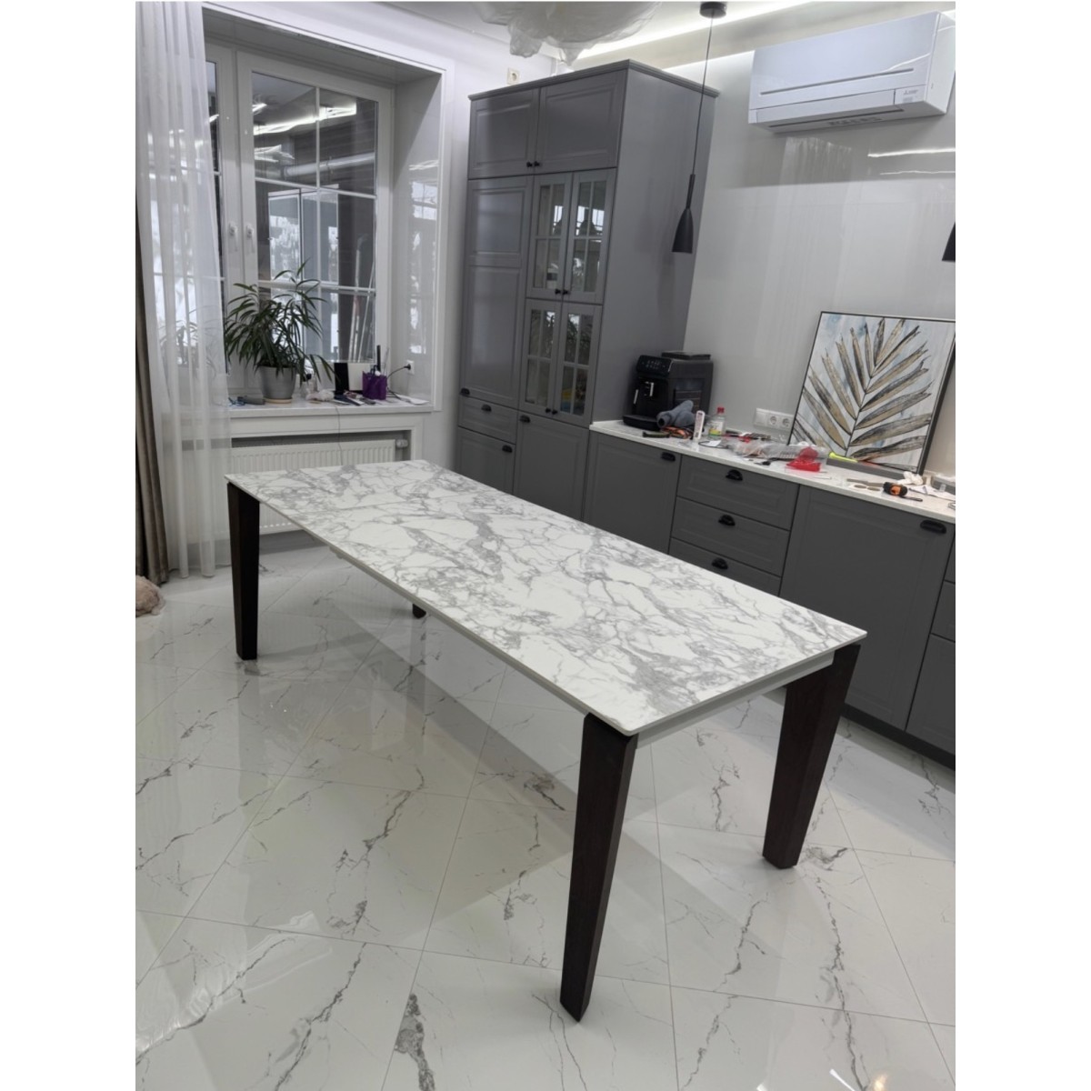 Стол ЭЗМИР (ESMIR) 180 цвет АРАБЕСКАТО (MATTE ARABESCATO SOLID CERAMIC) / ОРЕХ, ®DISAUR