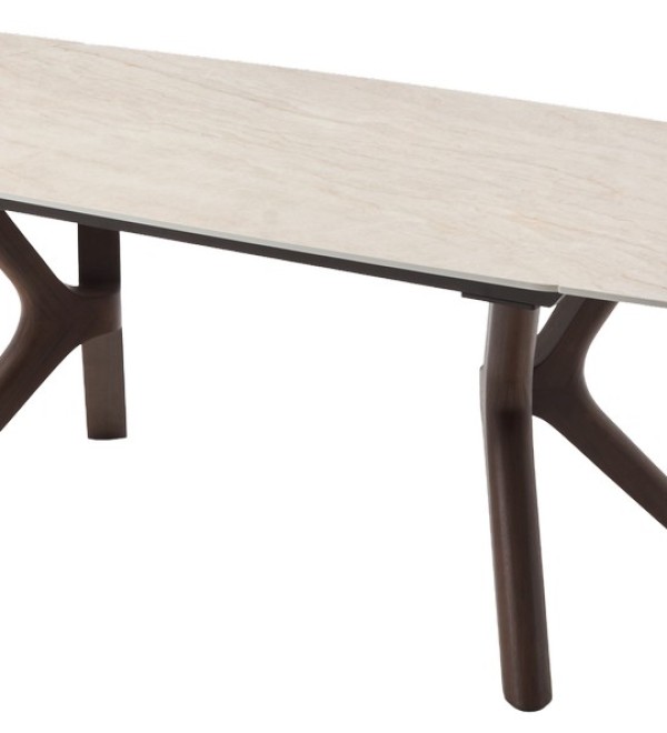 Стол КИРАН (KIRAN) 180 БЕЖЕВЫЙ МРАМОР (MATTE SICILY BEIGE SOLID CERAMIC) / Орех темный, ®DISAUR