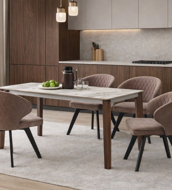 Стол ЭЗМИР (ESMIR) 180 цвет АРАБЕСКАТО (MATTE ARABESCATO SOLID CERAMIC) / ОРЕХ, ®DISAUR