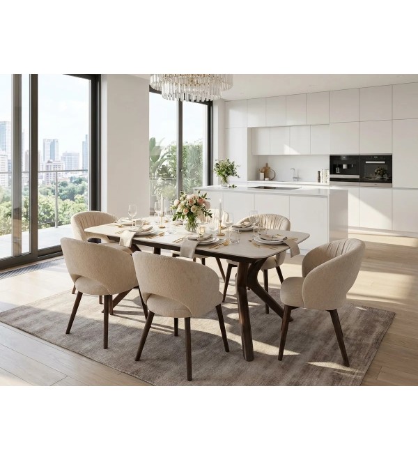 Стол КИРАН (KIRAN) 180 БЕЖЕВЫЙ МРАМОР (MATTE SICILY BEIGE SOLID CERAMIC) / Орех темный, ®DISAUR