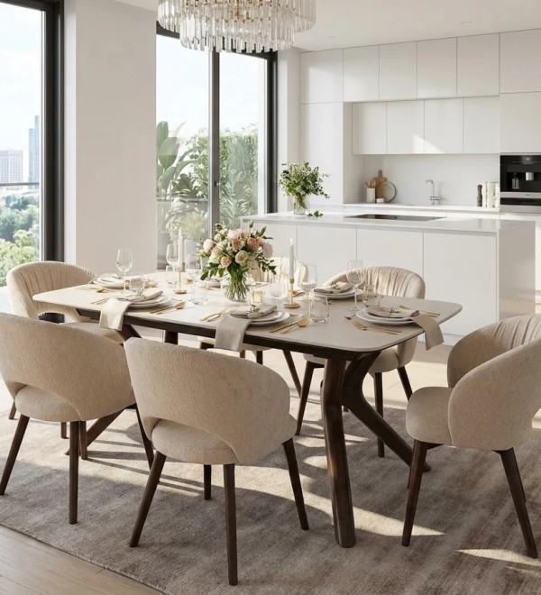 Стол КИРАН (KIRAN) 180 БЕЖЕВЫЙ МРАМОР (MATTE SICILY BEIGE SOLID CERAMIC) / Орех темный, ®DISAUR