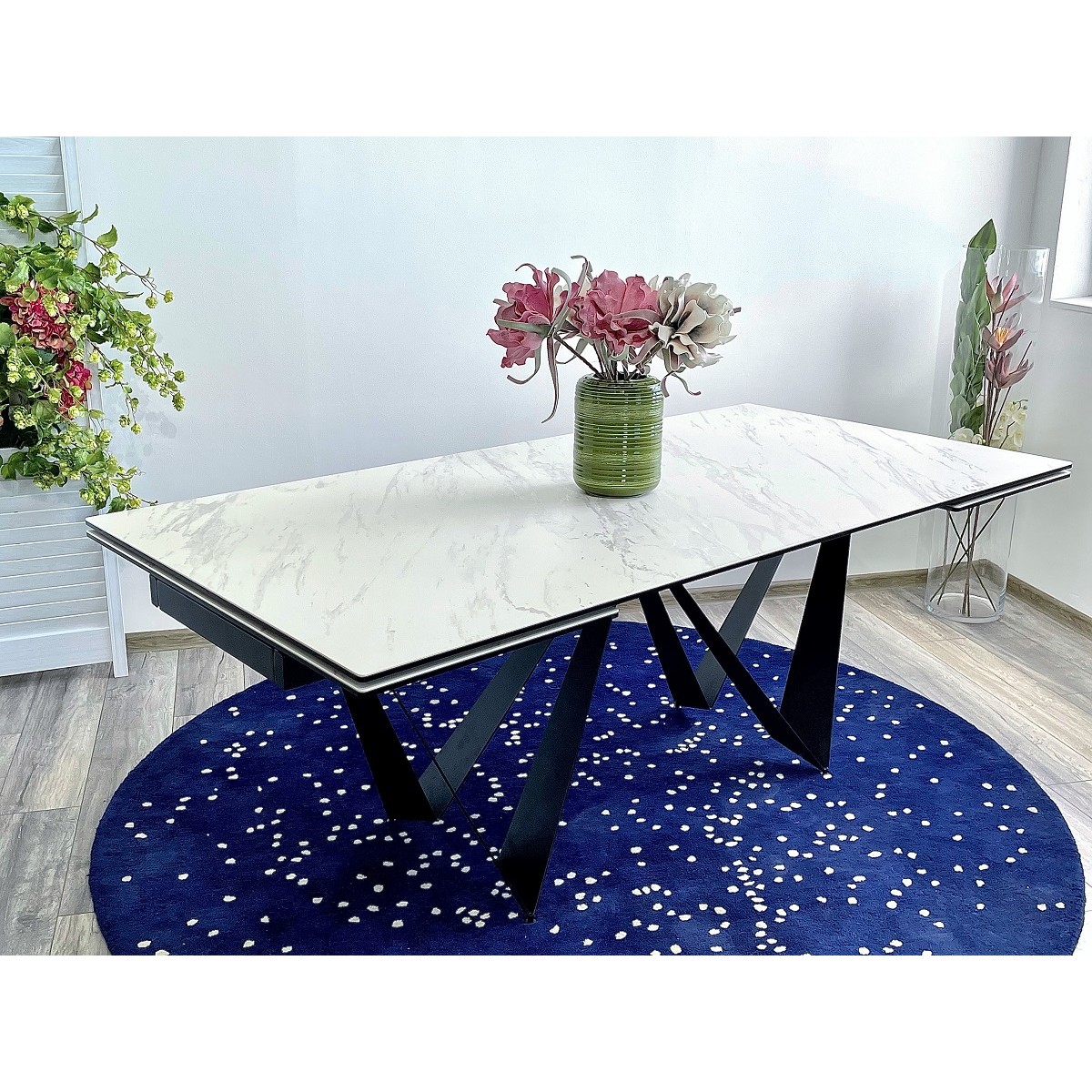 Стол РИЕТИ (RIETI) 200 цвет KL-99 Белый мрамор матовый, итальянская керамика / ЧЕРНЫЙ, ®DISAUR