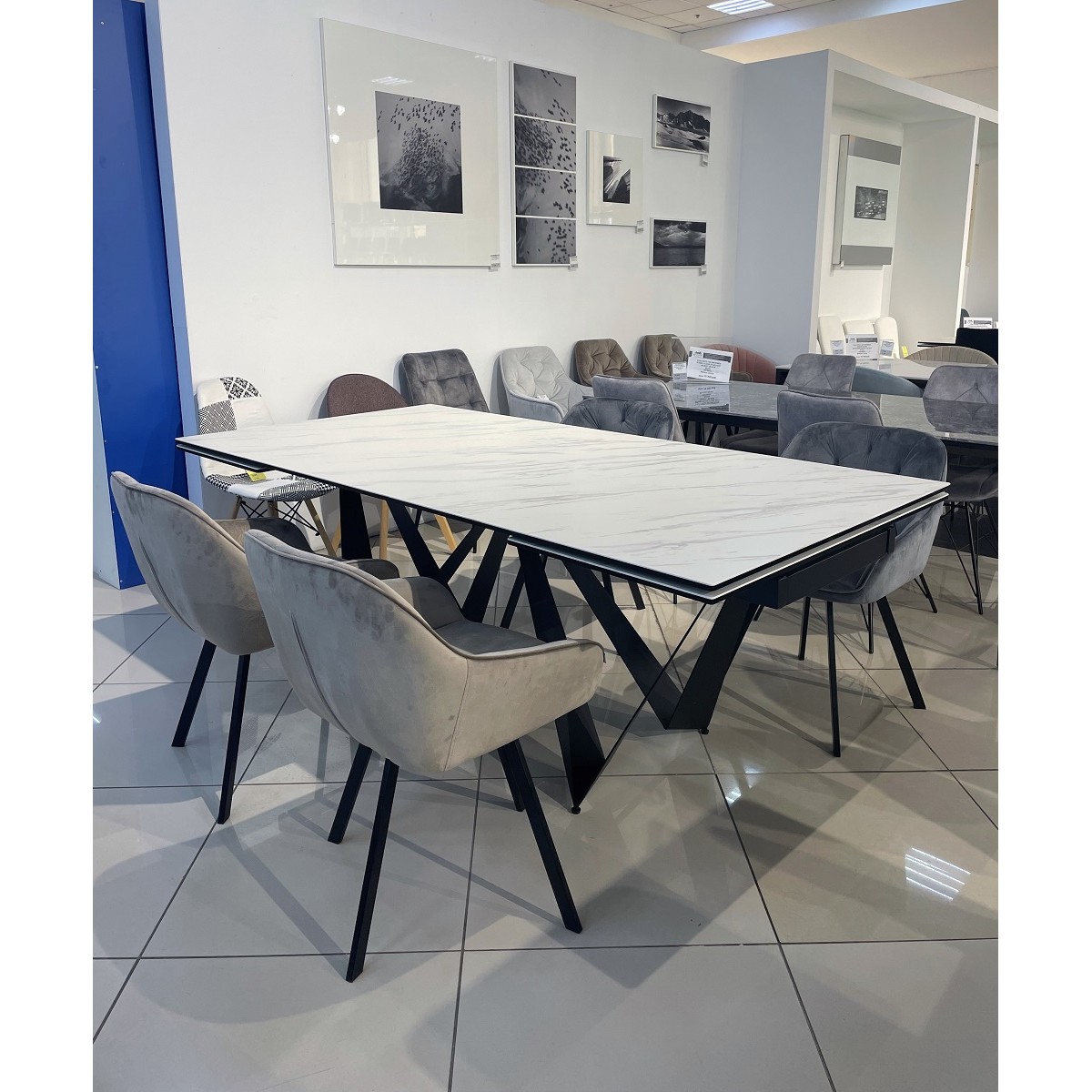 Стол РИЕТИ (RIETI) 200 цвет KL-99 Белый мрамор матовый, итальянская керамика / ЧЕРНЫЙ, ®DISAUR